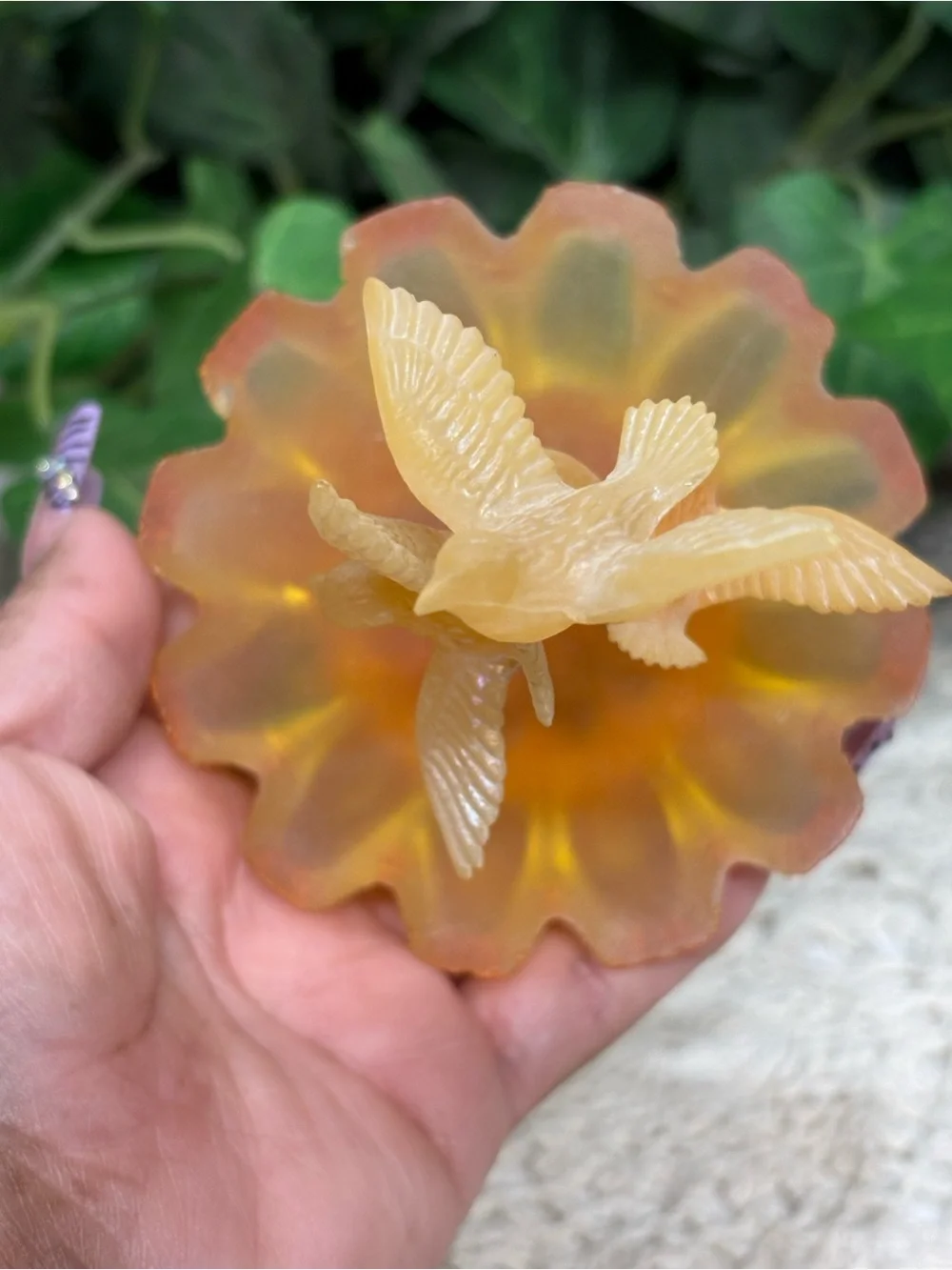 Amber Yellow Glass Bird Figurine Frosted Flower Base 3D Effect